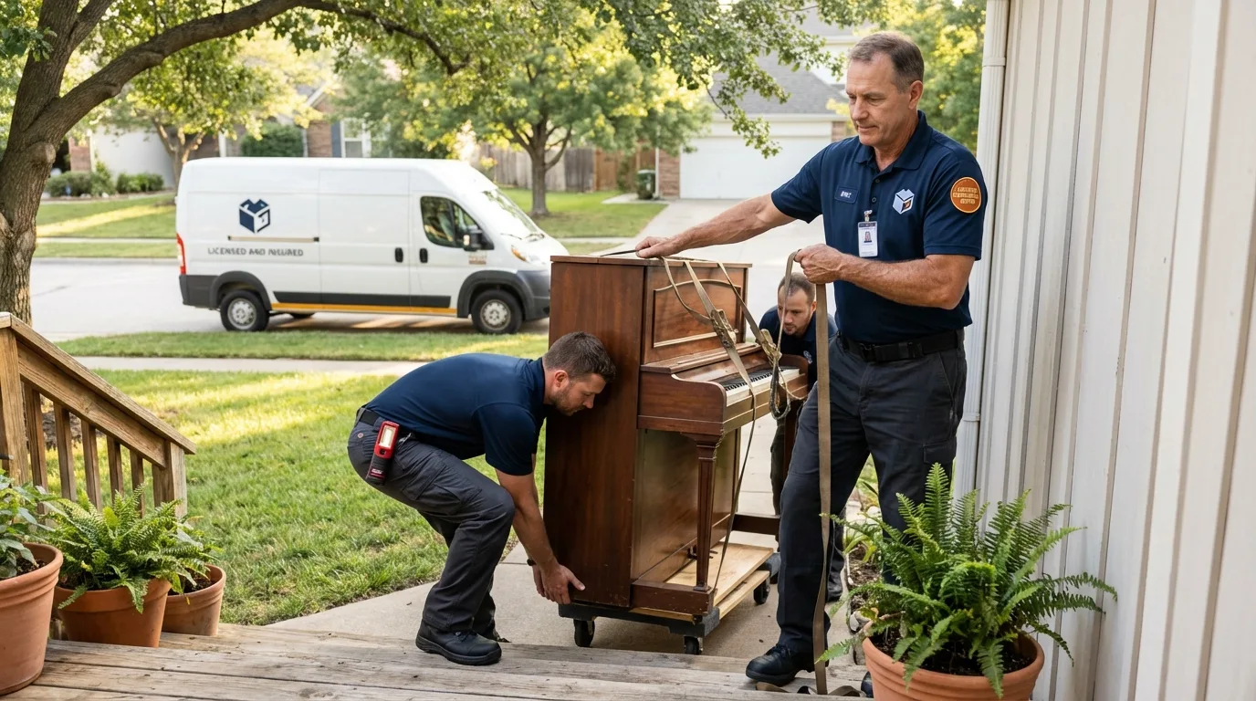 Licensed piano movers securing grand piano in Waukon, IA