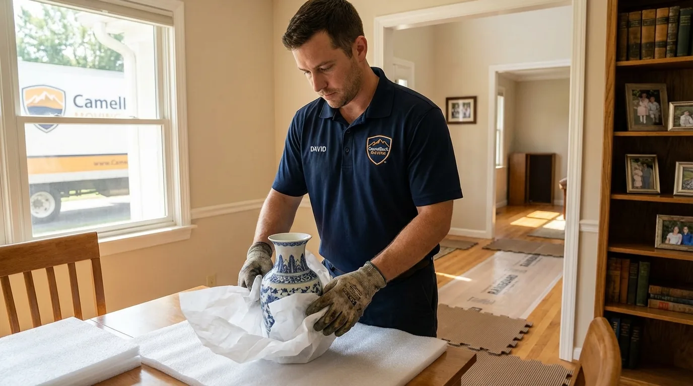 Professional crew carefully wrapping antique vase for senior downsizing move in Waukon, IA